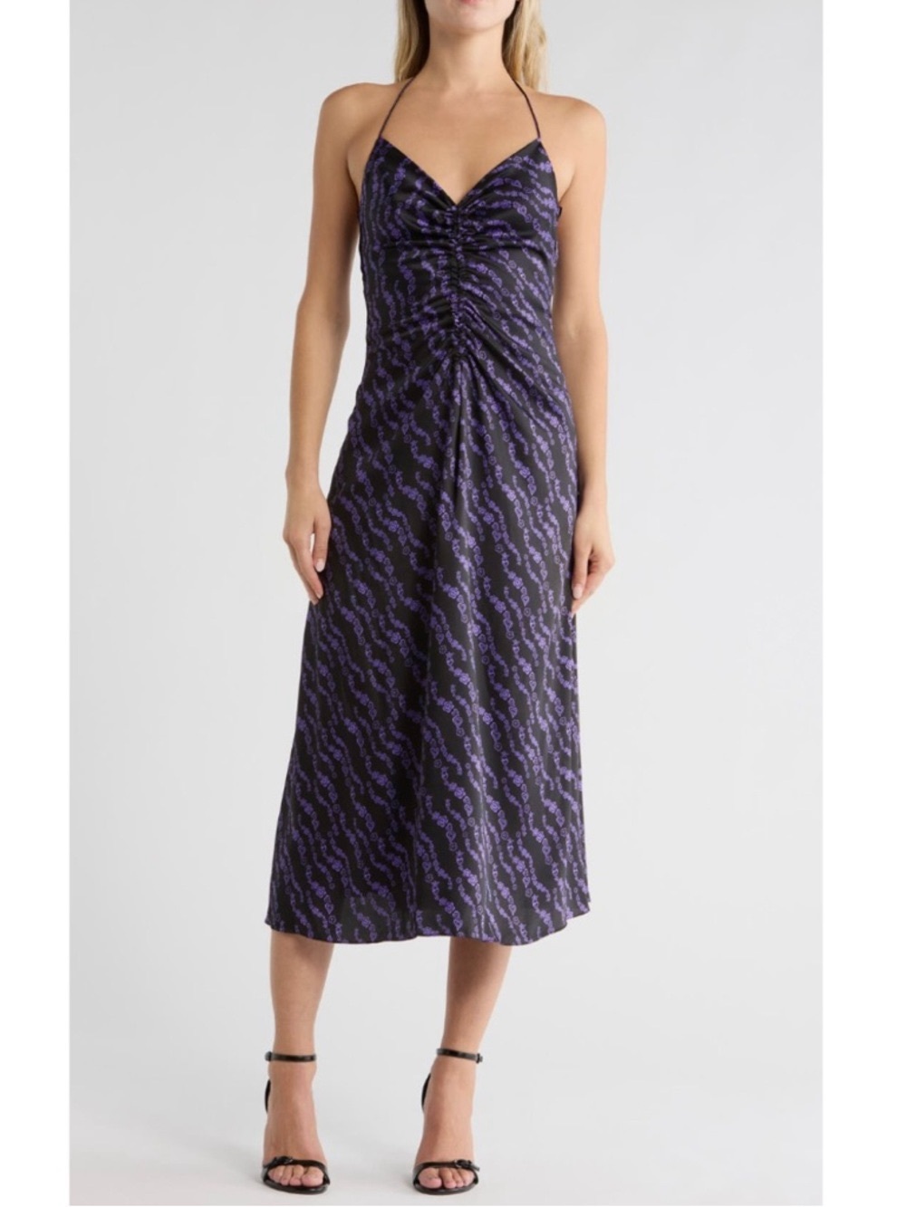Sandro Black and Purple Ruched Halter Midi Dress